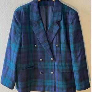Pitlochry Blazer Tartan Plaid 20 Blue Green Wool Crest Buttons Pockets Lined